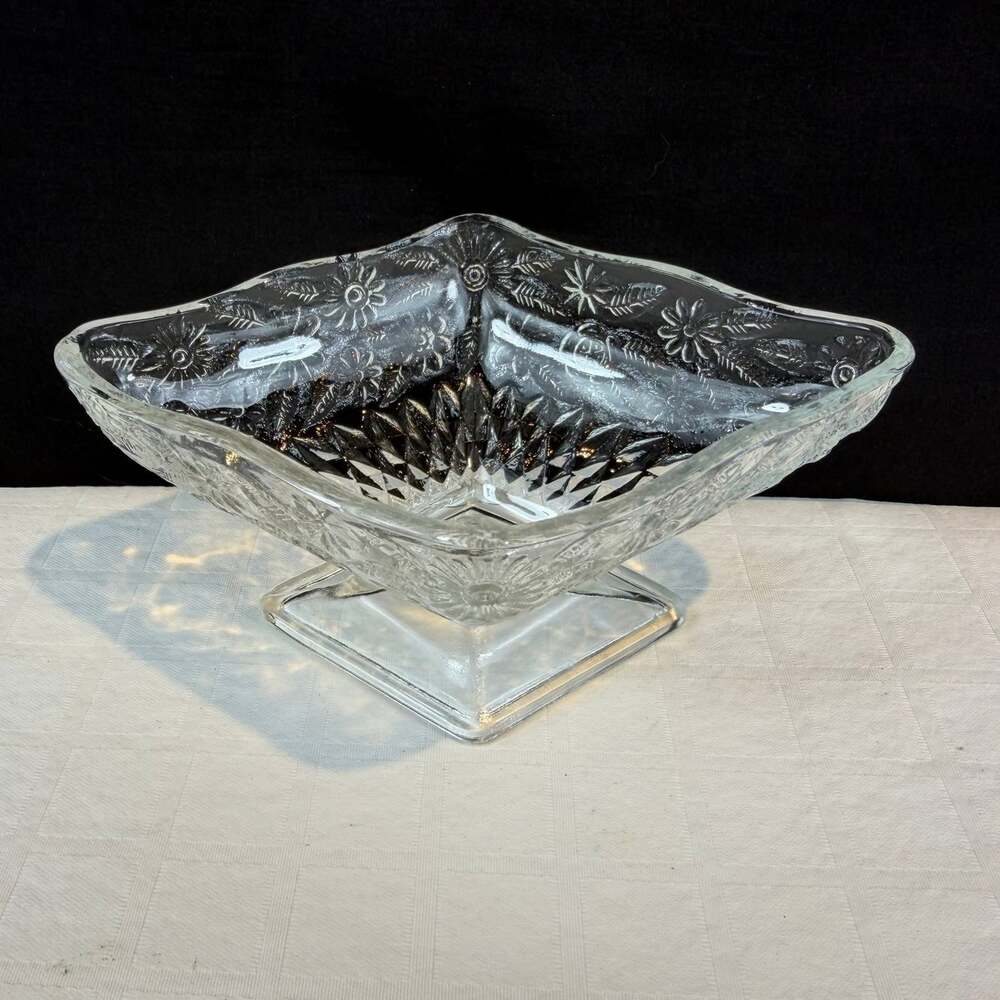 vintage Indiana clear Glass  diamond-shaped footed compote candy dish No. 618
